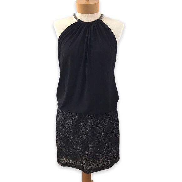 Jessica Simpson Women's 4 Halter Blouson Mini Dress Black Lace Sequin Party LBD - Picture 1 of 9